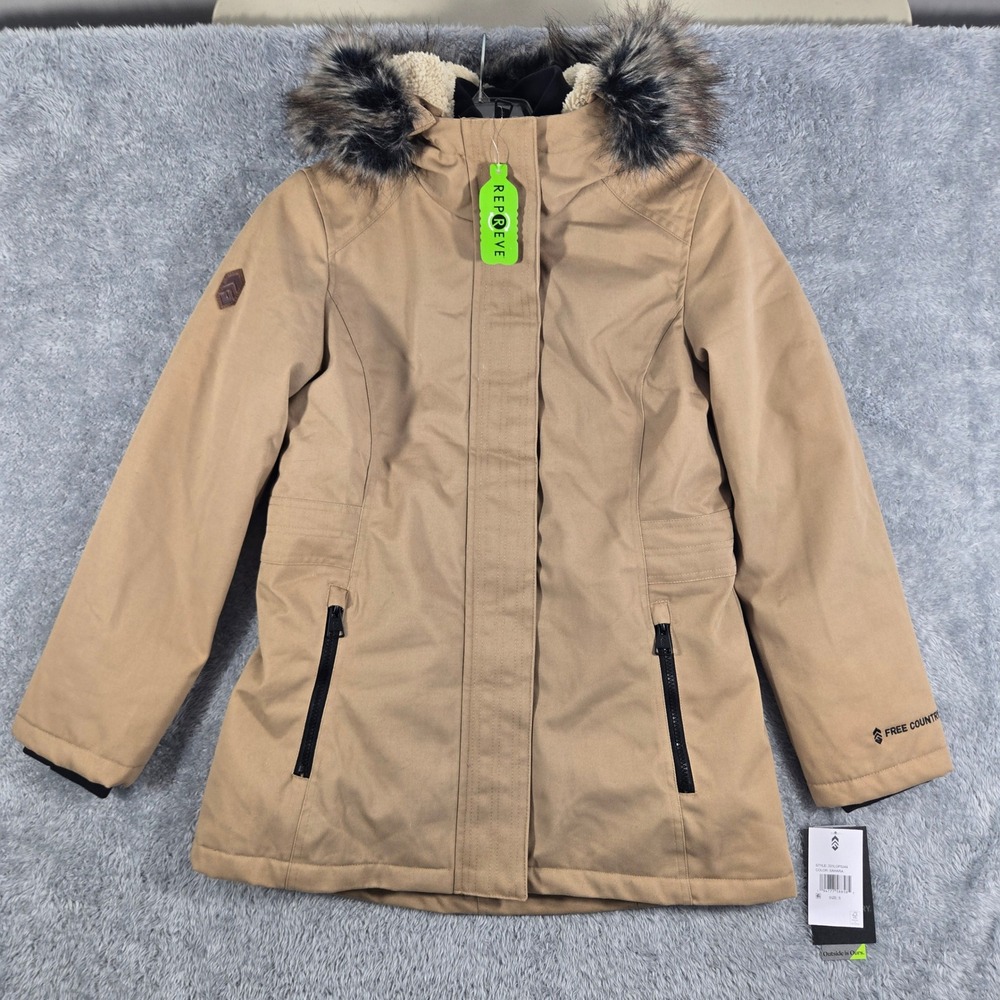 Free Country Sahara Tan Parka Faux Fur Hood Jacket 331LOF5244 Womens Small NEW